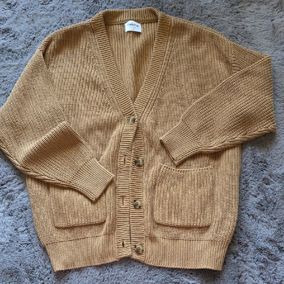Callahan Tan Cardigan Sweater V-Neck Ribbed Button Cable Fisherman Large - Picture 1 of 10